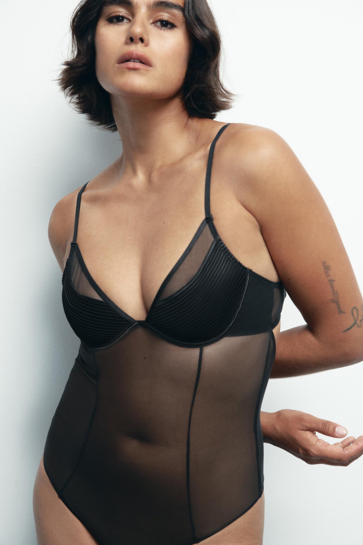 PLEATED SEMI-SHEER BODYSUIT