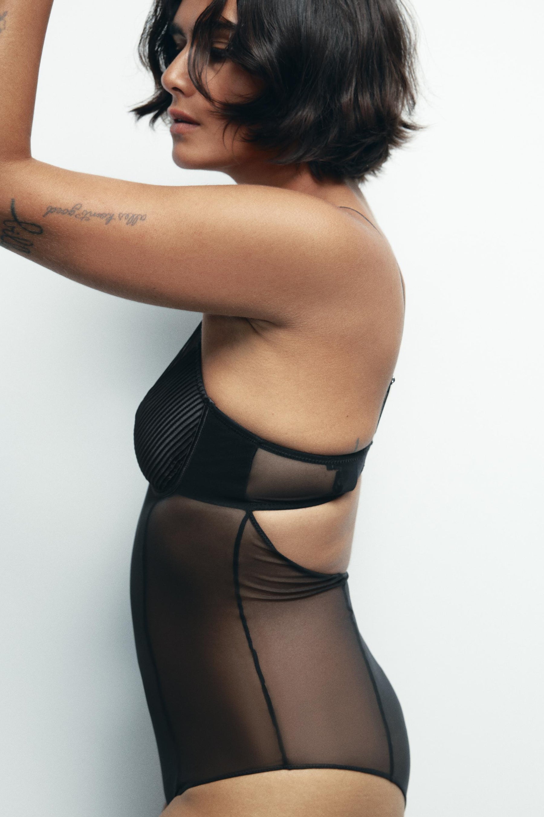 PLEATED SEMI-SHEER BODYSUIT