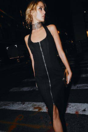 COATED DENIM MIDI DRESS