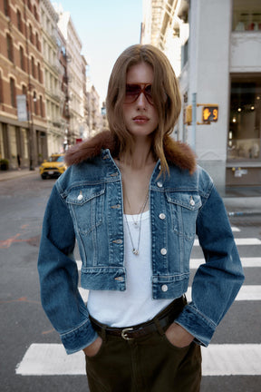 Z1975 FAUX FUR COLLAR SHORT DENIM JACKET - Image 3