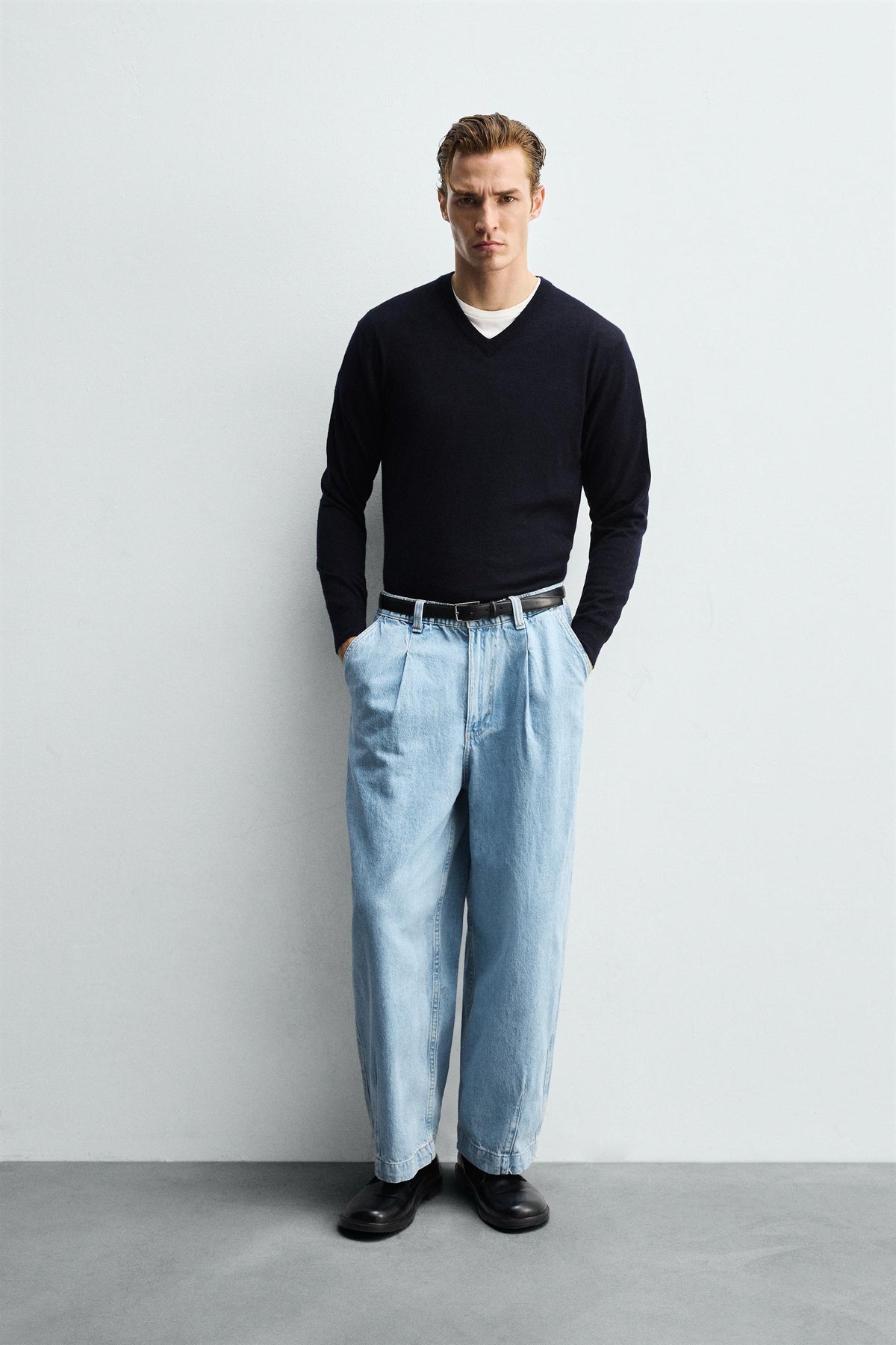 WIDE-LEG PLEATED DENIM CHINO TROUSERS - Image 1