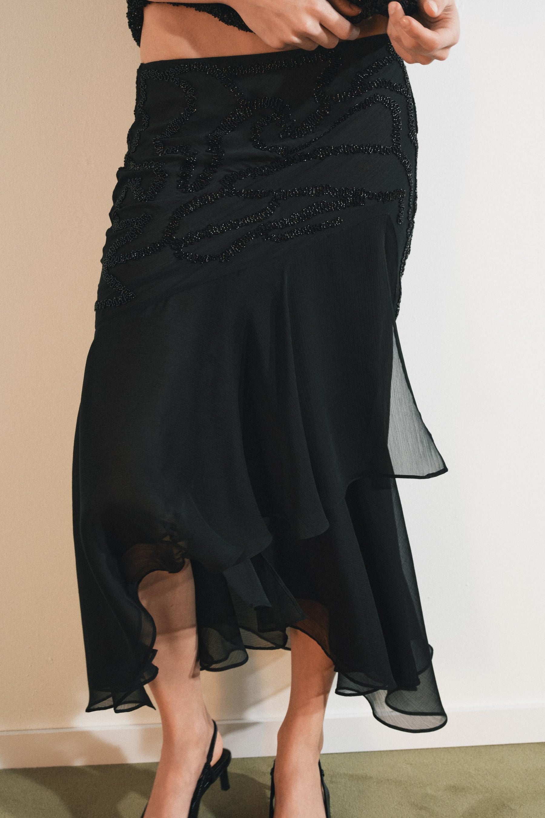 BEADED RUFFLE MIDI SKIRT