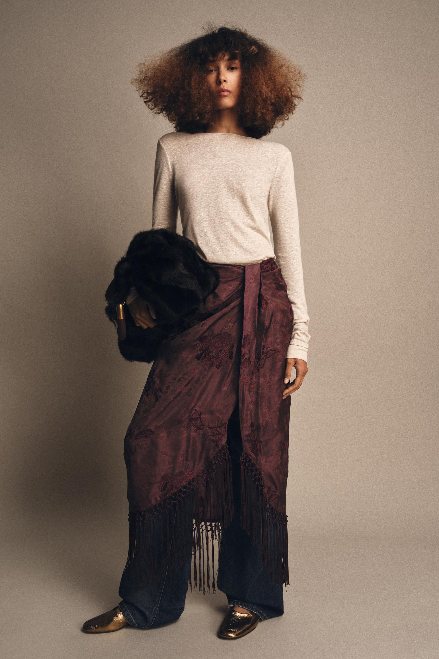 FRINGED EMBROIDERED SARONG SKIRT