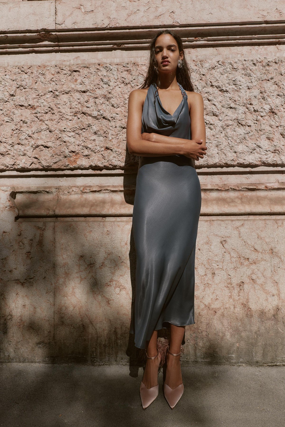 ASYMMETRIC BEADED SATIN MIDI DRESS - Image 1