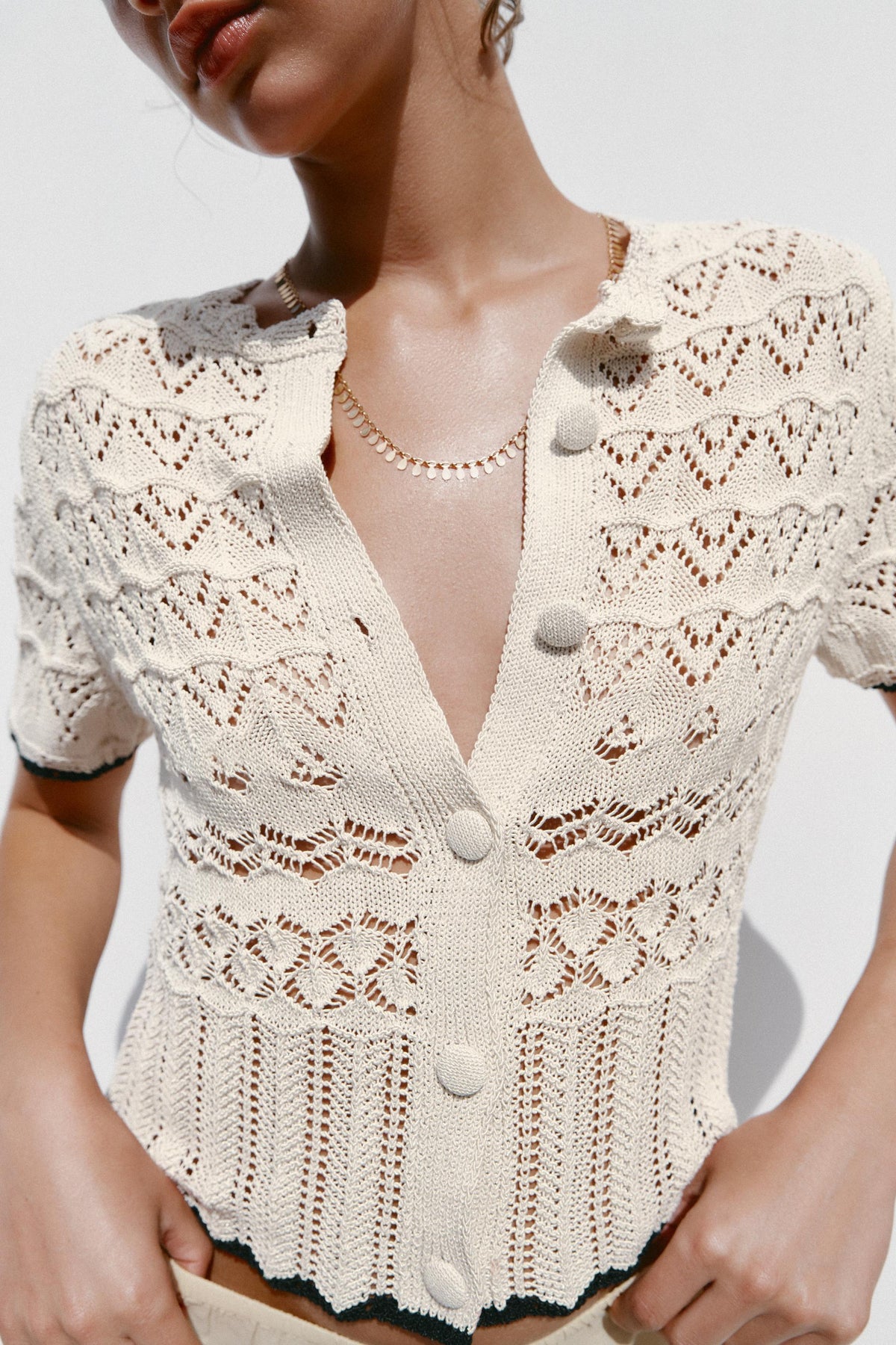 POINTELLE KNIT SHORT SLEEVE CARDIGAN - Image 1