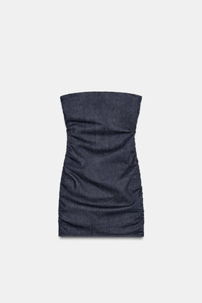 Denim Gathered Bandeau Dress