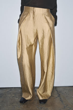 PLEATED METALLIC WIDE-LEG TROUSERS