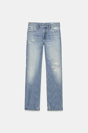 Straight-Leg Mid-Waist Ripped Jeans
