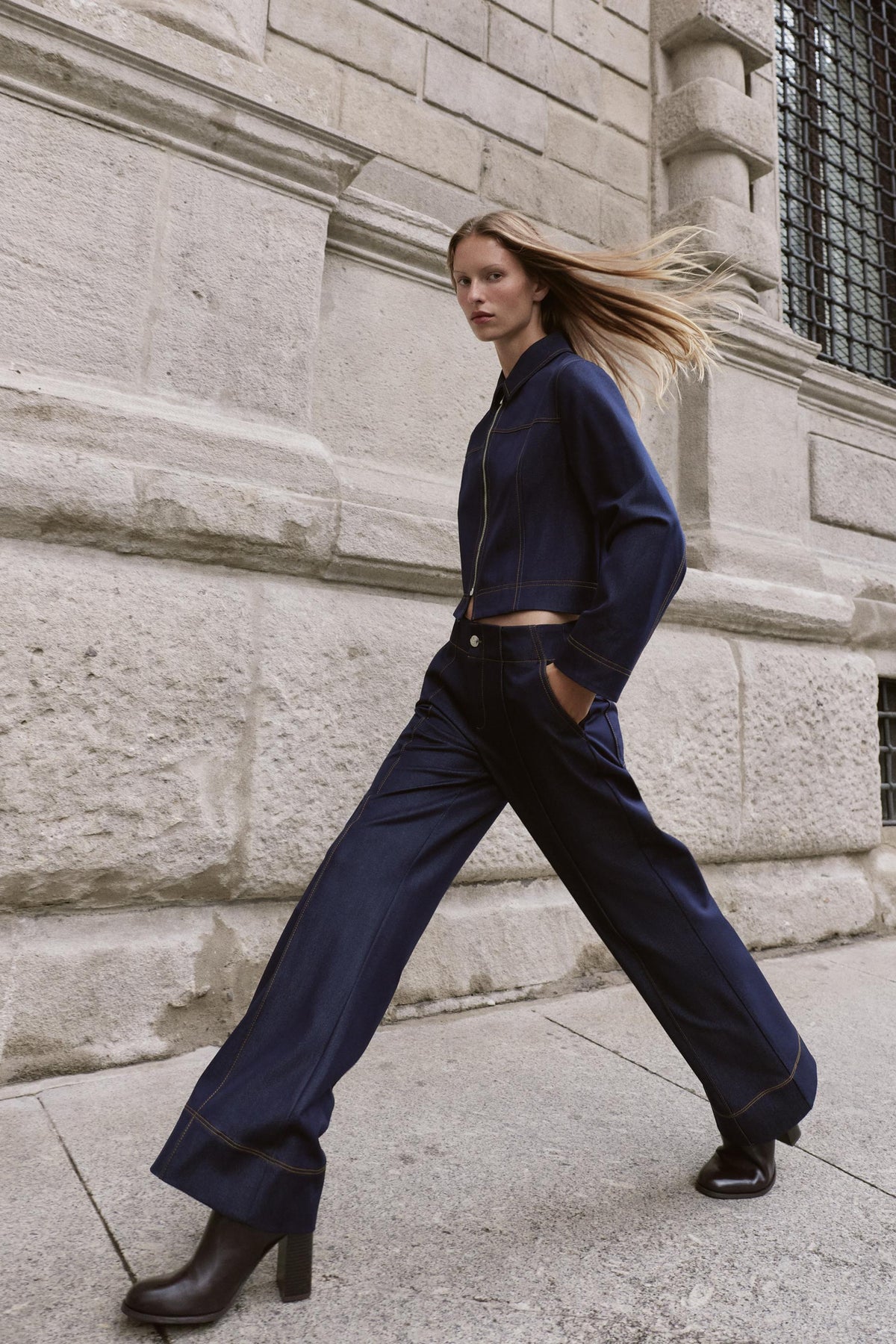 Contrast Topstitched Bootcut Trousers