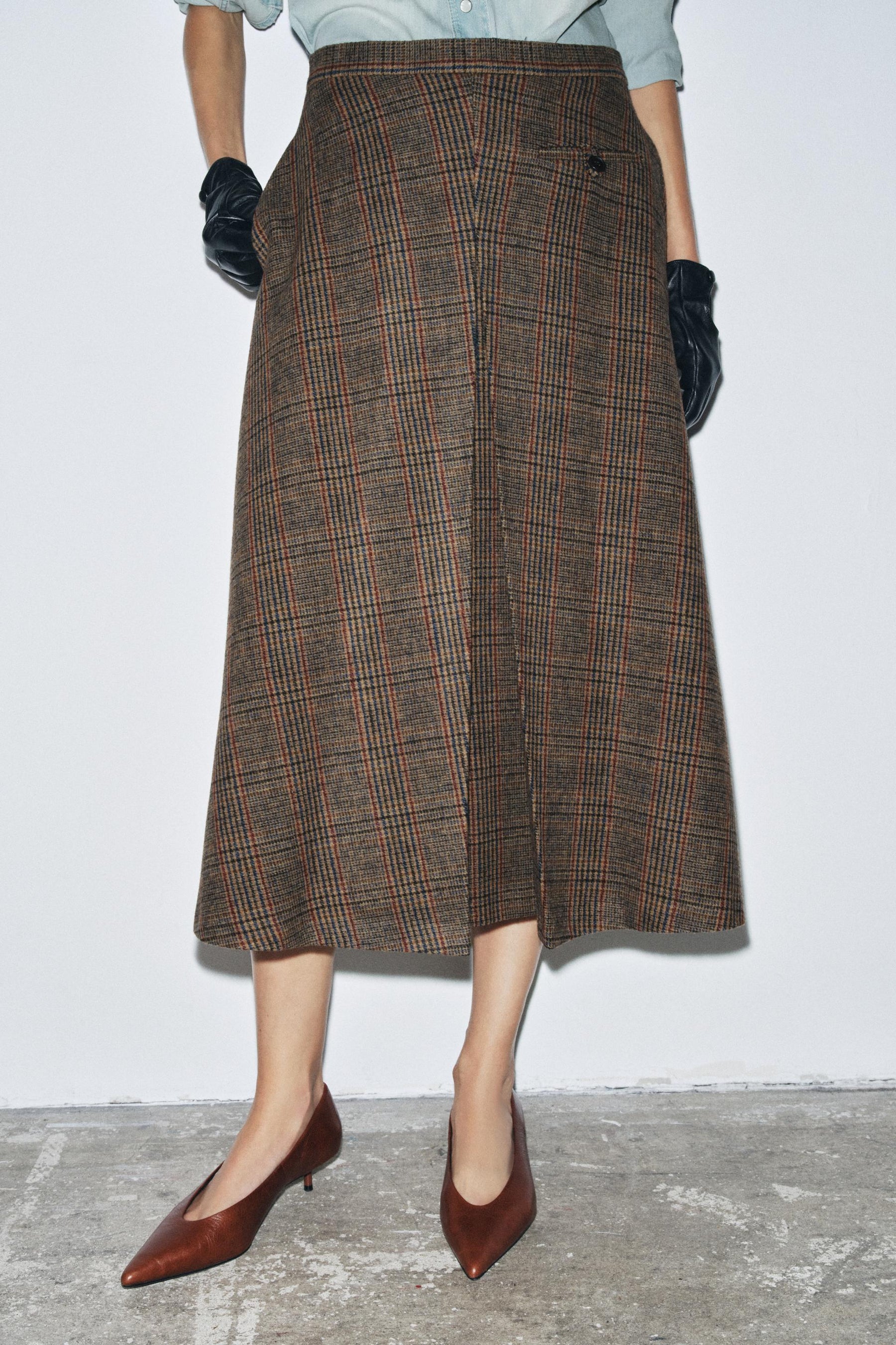 Checked wool pleated skirt