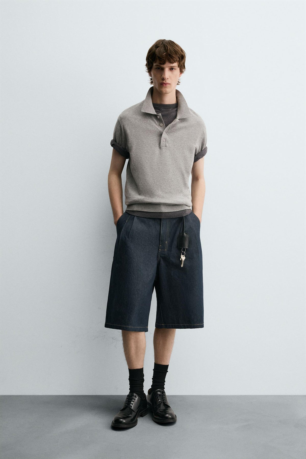 PLEATED RELAXED FIT DENIM BERMUDA SHORTS - Image 1