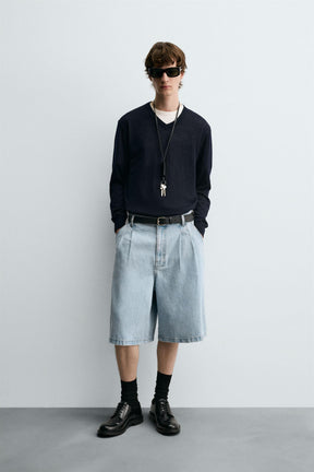 PLEATED RELAXED FIT DENIM BERMUDA SHORTS - Image 1